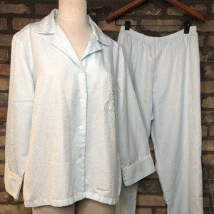 MISS ELAINE Pajama Set L Two Piece Light Baby Blue Button Up Long Sleeve Pants